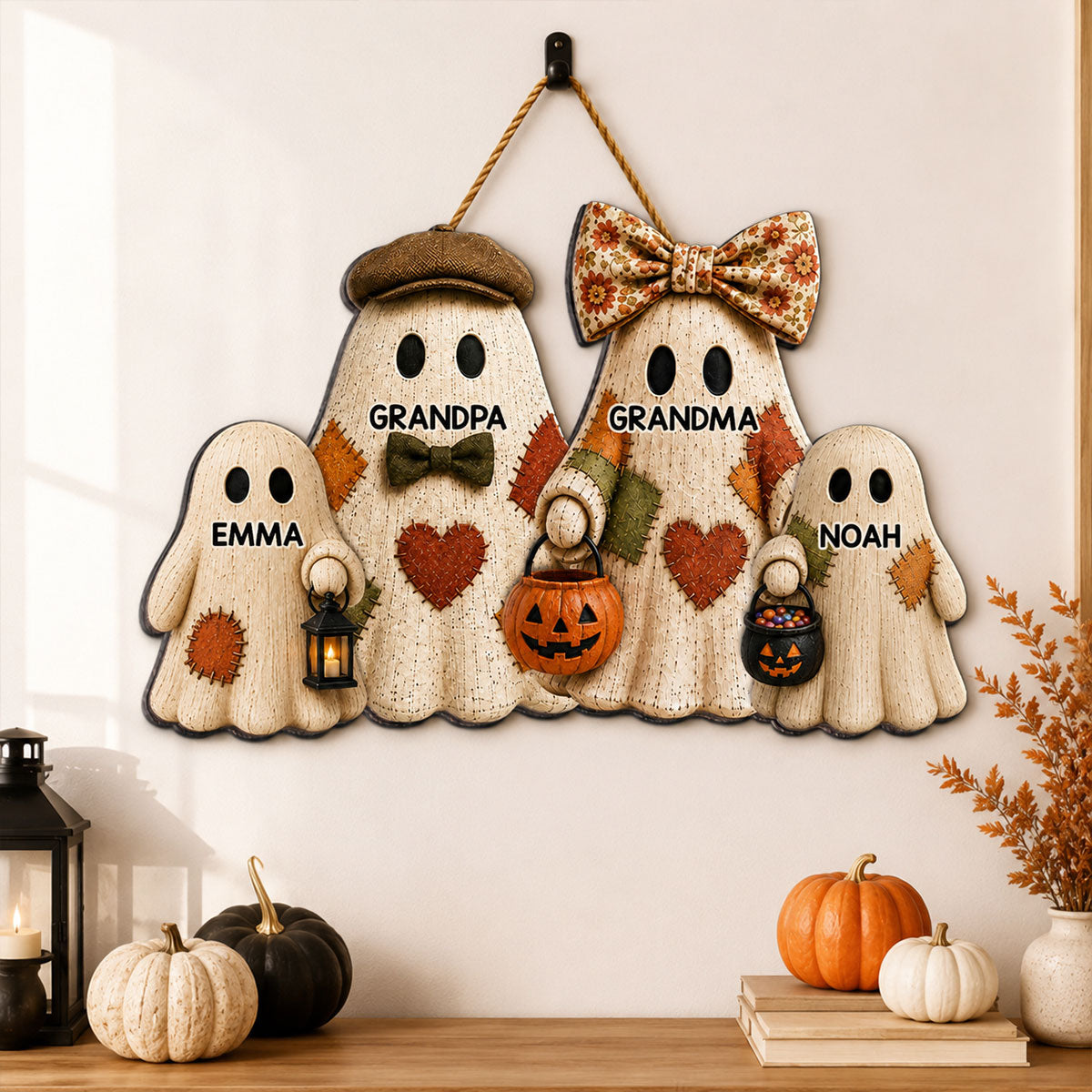 Retro Vintage Fall Halloween Grandma Grandpa's Boo Crew Patchwork Style - Personalized Wood Sign - Fall Halloween Decoration For Grandparents