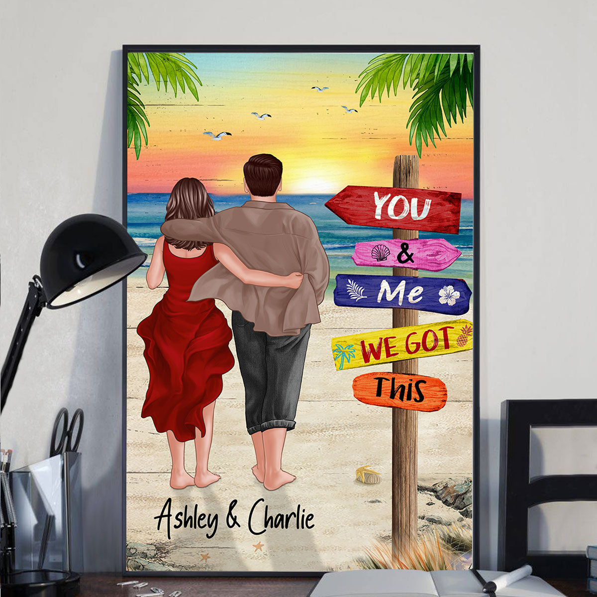Back View Couple Walking On The Beach Our Happy Place Personalized Vertical Poster