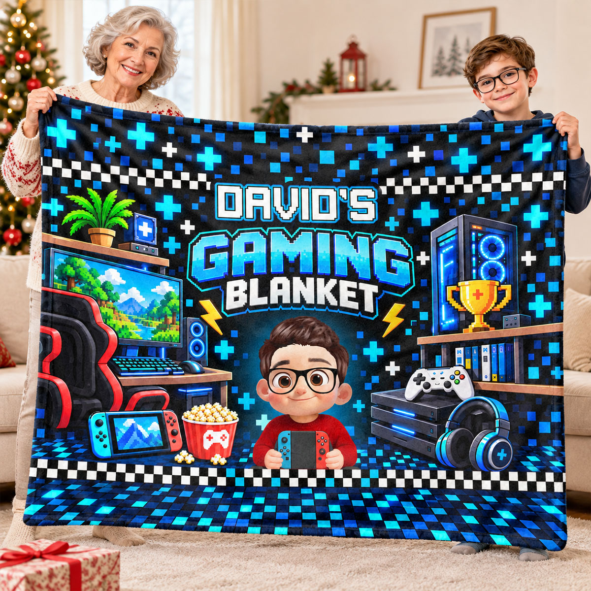 Custom Gamer Name - Personalized Fleece Blanket - Video Game Lover Gift For Son Grandson Teen Boy, Birthday Holiday Gift