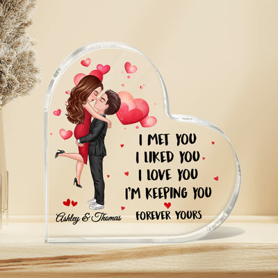 Doll Couple Kissing Hugging I Met You I Love You Personalized Acrylic Heart Plaque - Anniversary Gift For Couple - Gift For Him Gift For Her