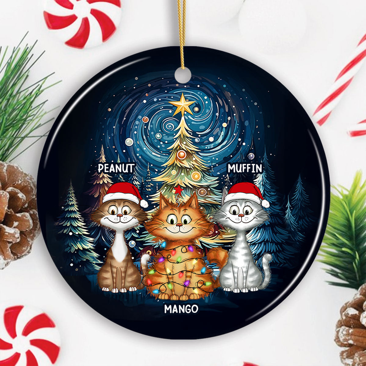 Christmas Magical Quirky Cat Ceramic Ornament, Personalized Whimsical Christmas Tree Quirky Cat Ornament, Unique Christmas Decor For Cat Lovers