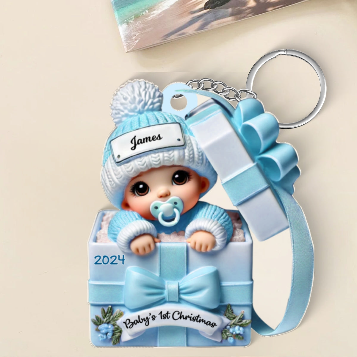 Baby Inside Gift Box Personalized Acrylic Keychain, Lovely Keepsake to Celebrate Baby's First Christmas, 2D Flat Ornament
