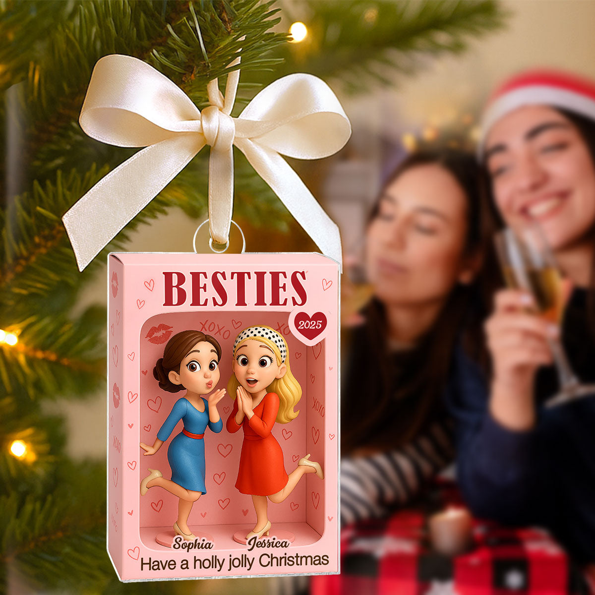 Besties XOXO Pretty Girls Toy Box Style - Personalized Acrylic Ornament - Christmas Gift For Best Friends
