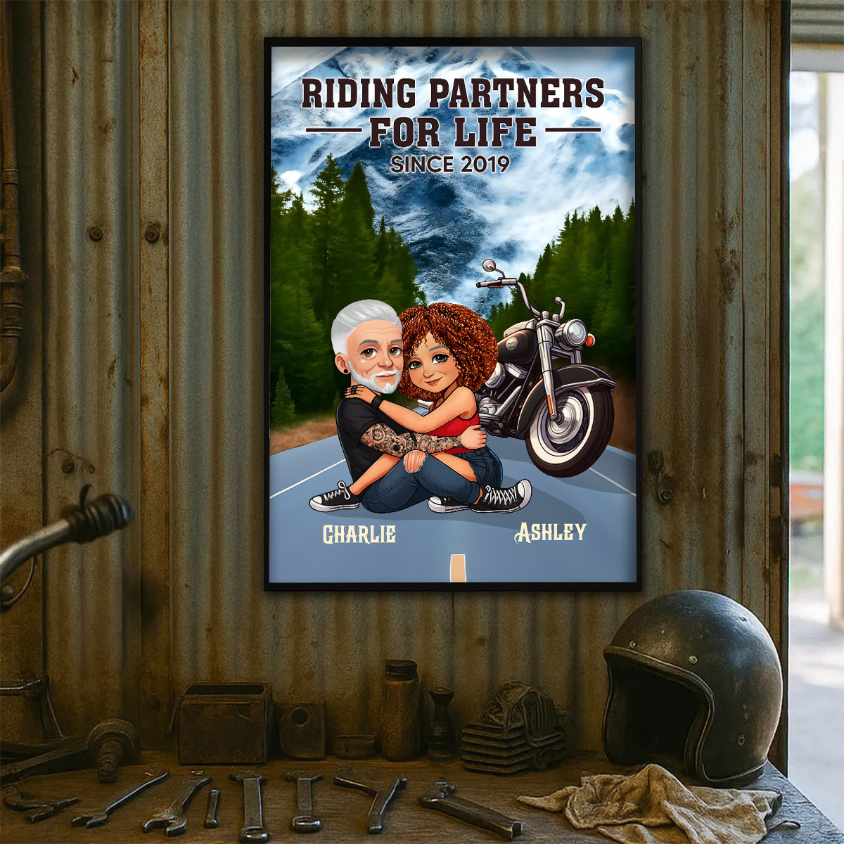 Old Biker Couple Riding Partners for Life Personalized Poster, Gift for him, Gift for her