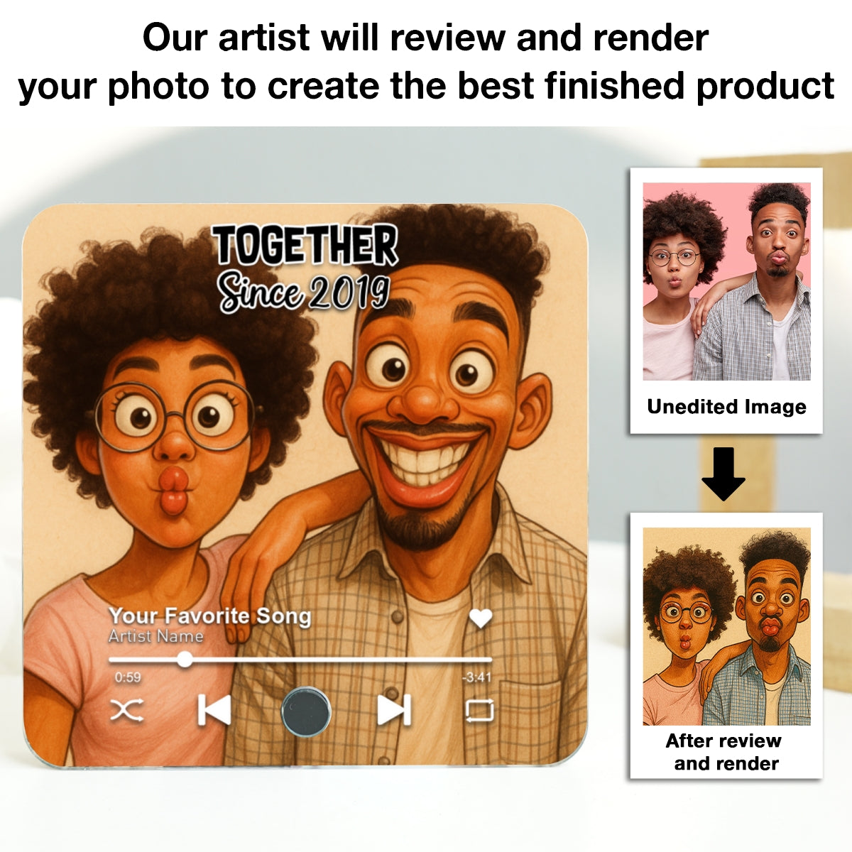 Caricature Couple Photo Personalized Music Fridge Magnet, Anniversary, Birthday, Just Because Gift for him, Gift for her