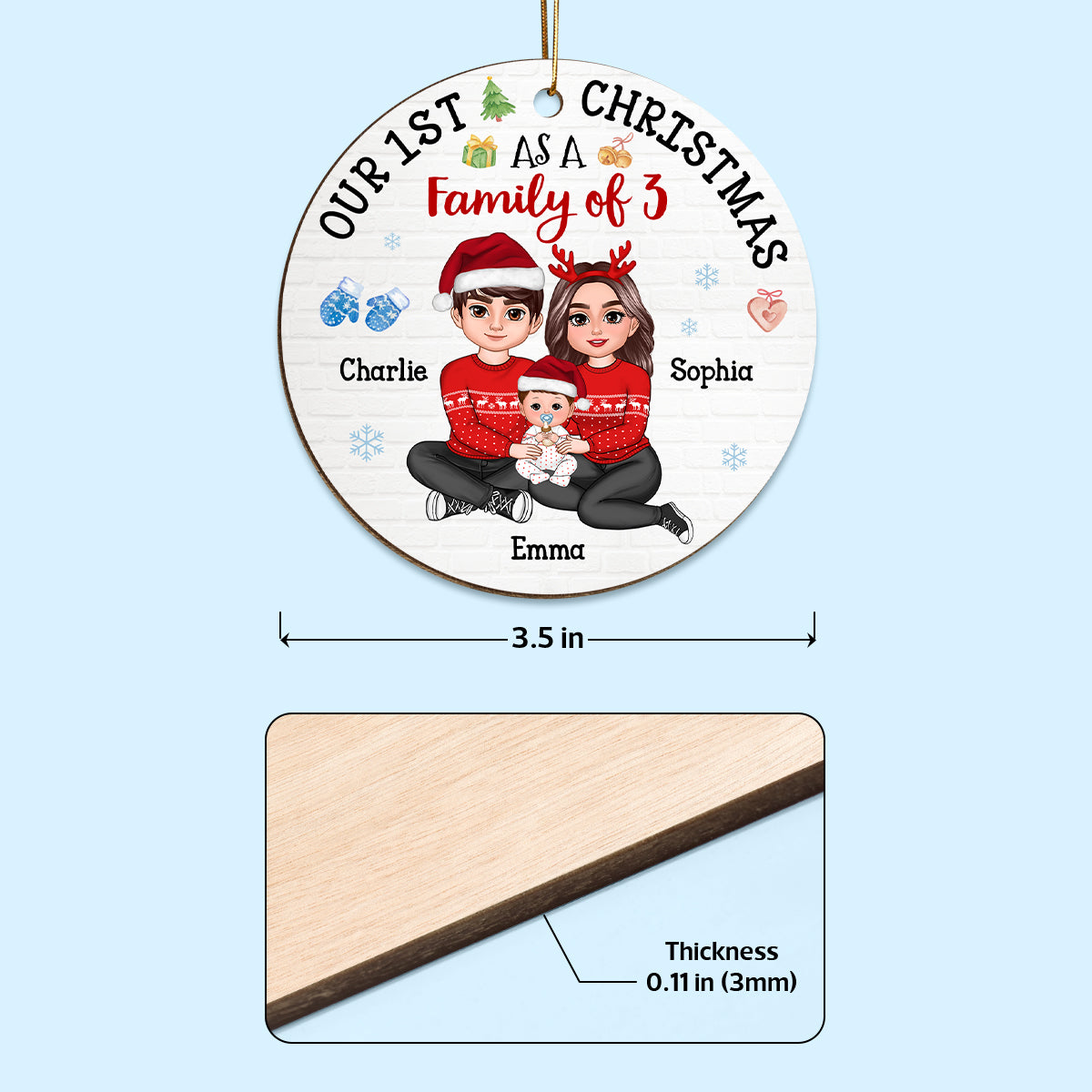Our First Christmas As Family Of 3 Embracing Sitting Family Personalized Wooden Ornament