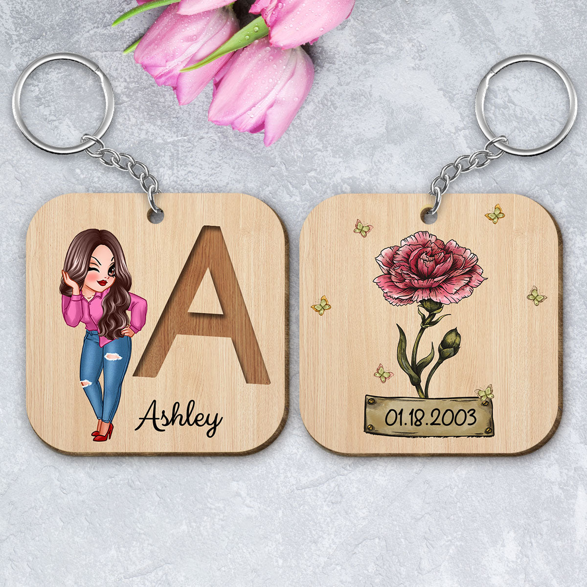 Custom Character & Birth Flower Initial Name Birthday Gift For Family Friends Personalized Wooden Keychain