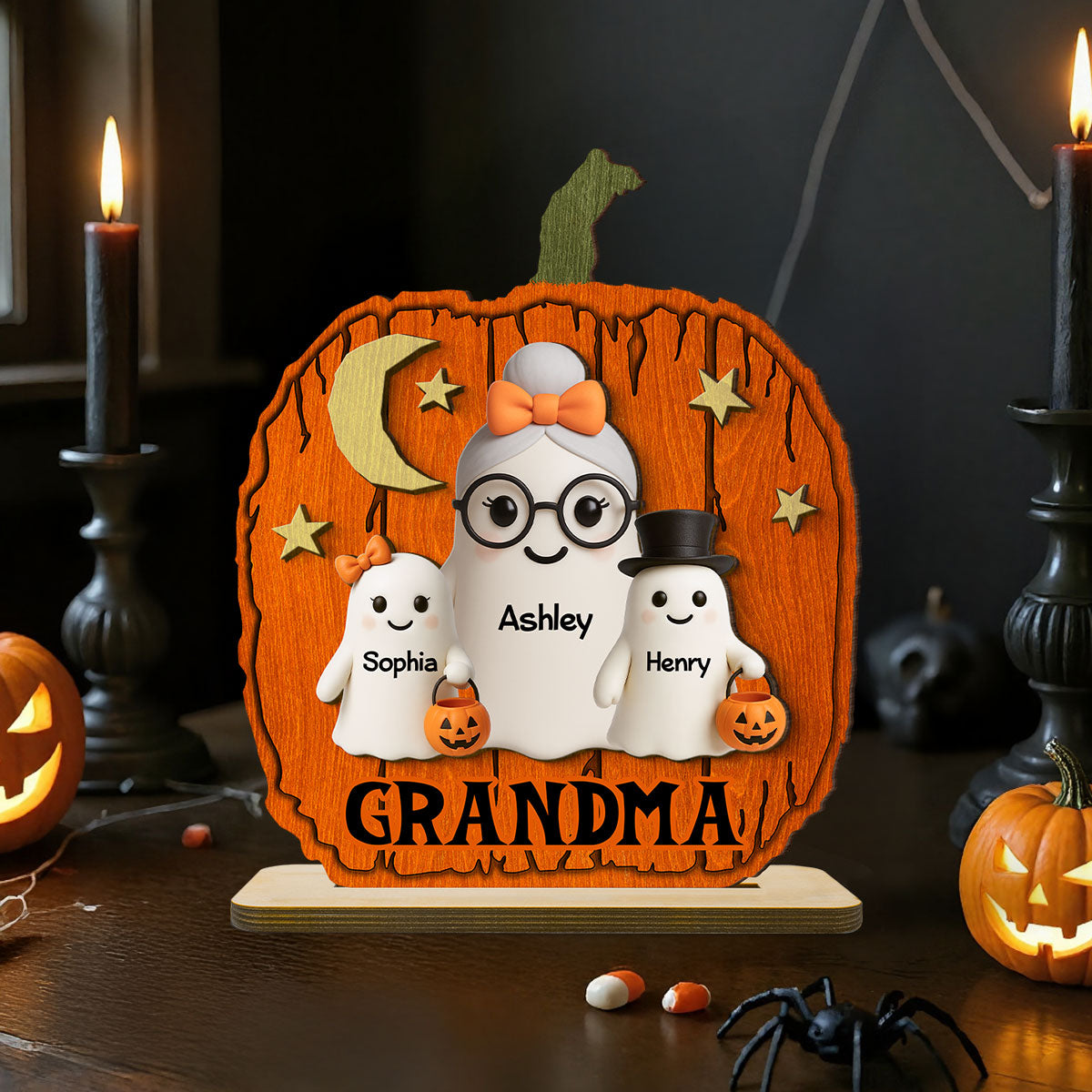 Halloween Grandma Grandkids Boo Pumpkin Shaped Pesonalized 2-Layer Standing Wooden Plaque, Tabletop Tier Tray Decor