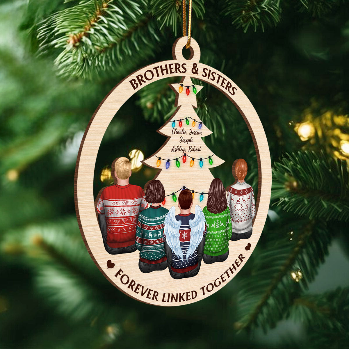 Brother & Sisters Forever Linked Together Christmas Tree Personalized Wooden Ornament