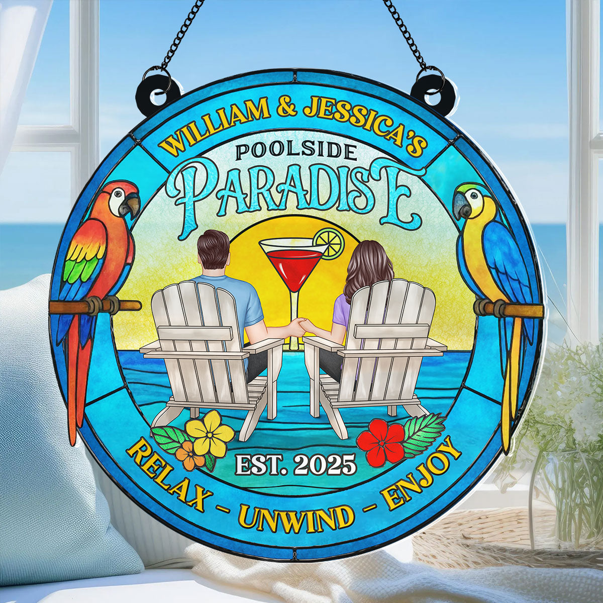 Couple Poolside Paradise Tropical Personalized Acrylic Suncatcher