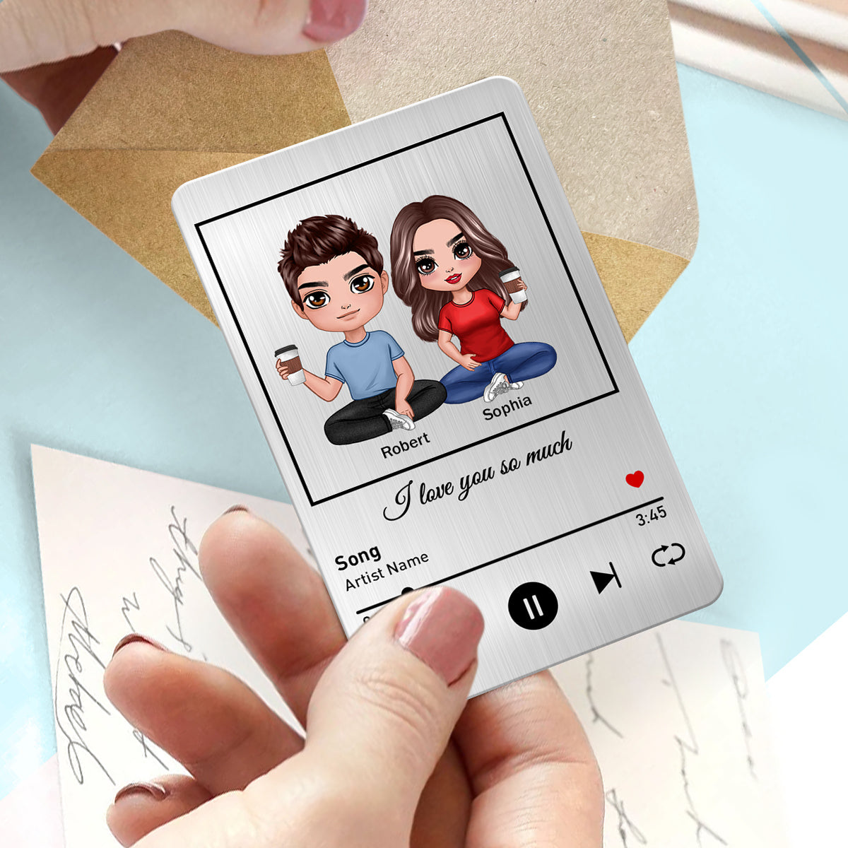 Doll Couple Sitting Favorite Love Song Personalized Metal Wallet Card