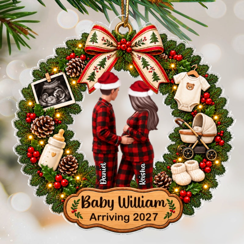 Expecting Baby Christmas Wreath - Personalized Acrylic Ornament - Pregnancy Announcement, Christmas Gift For Wife, Daughter