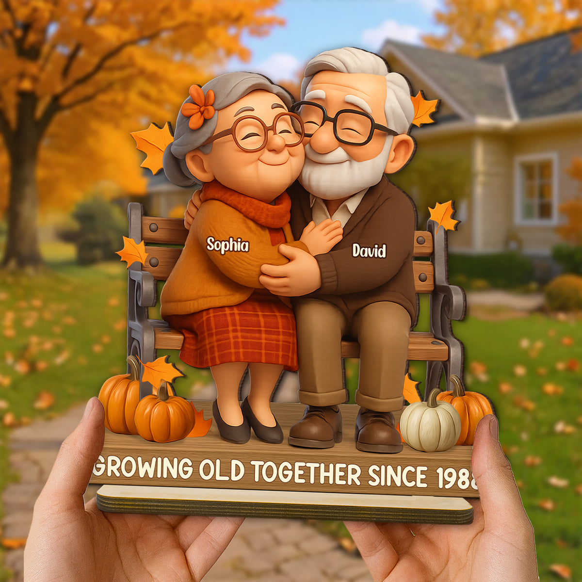 Old Couple Sitting Hugging Personalized Standing Wooden Plaque, Fall Decor for Couples