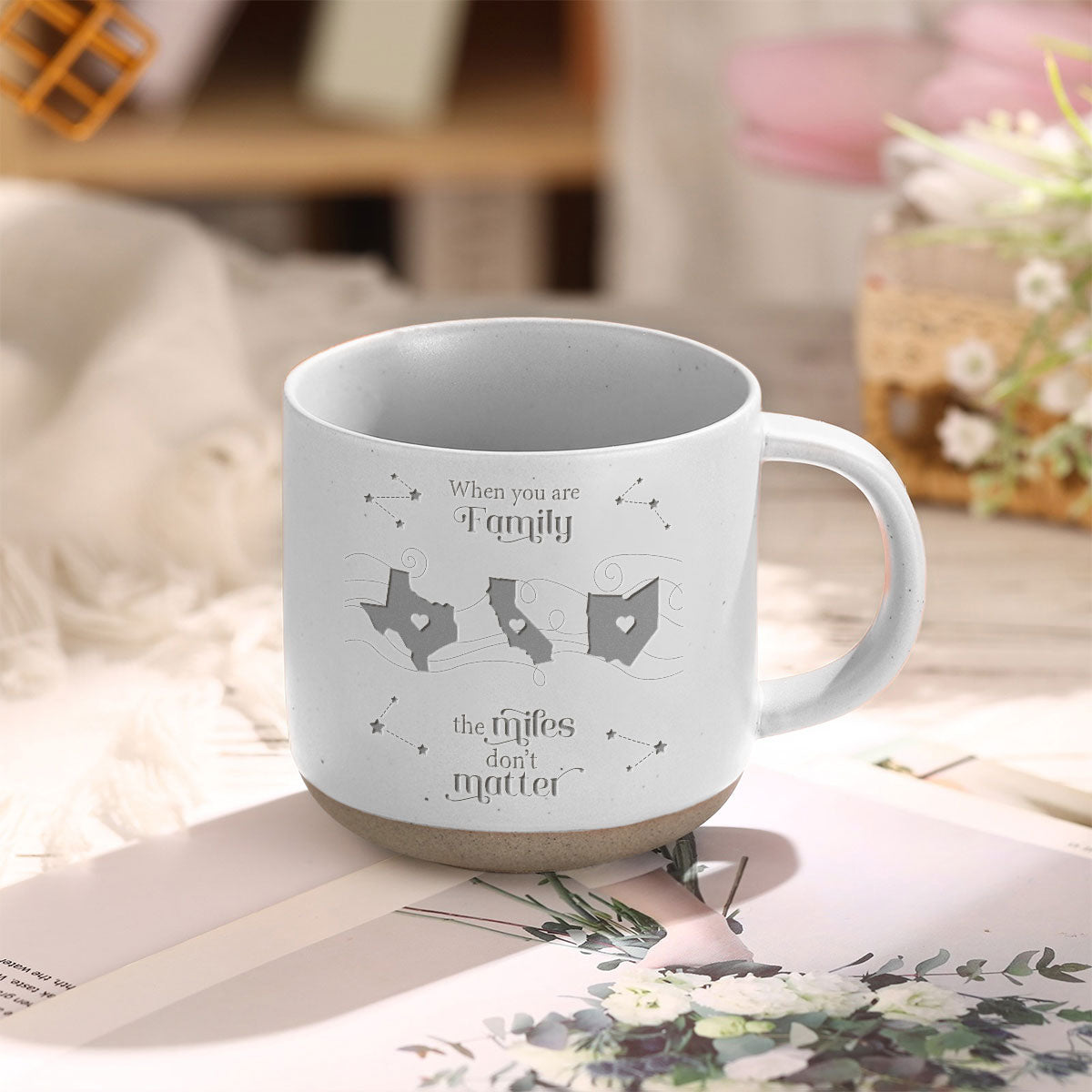 Long Distance Family Friends Siblings Sisters Besties Personalized Engraved Pottery Mug, Togetherness Christmas Gift