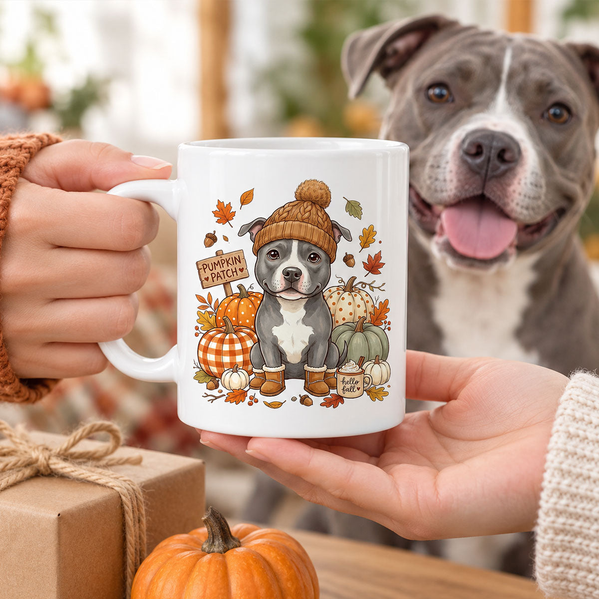 Custom Dog Photo Pumpkin Patch - Personalized Mug - Fall Gift for Dog Moms, Cat Moms, Pet Lovers
