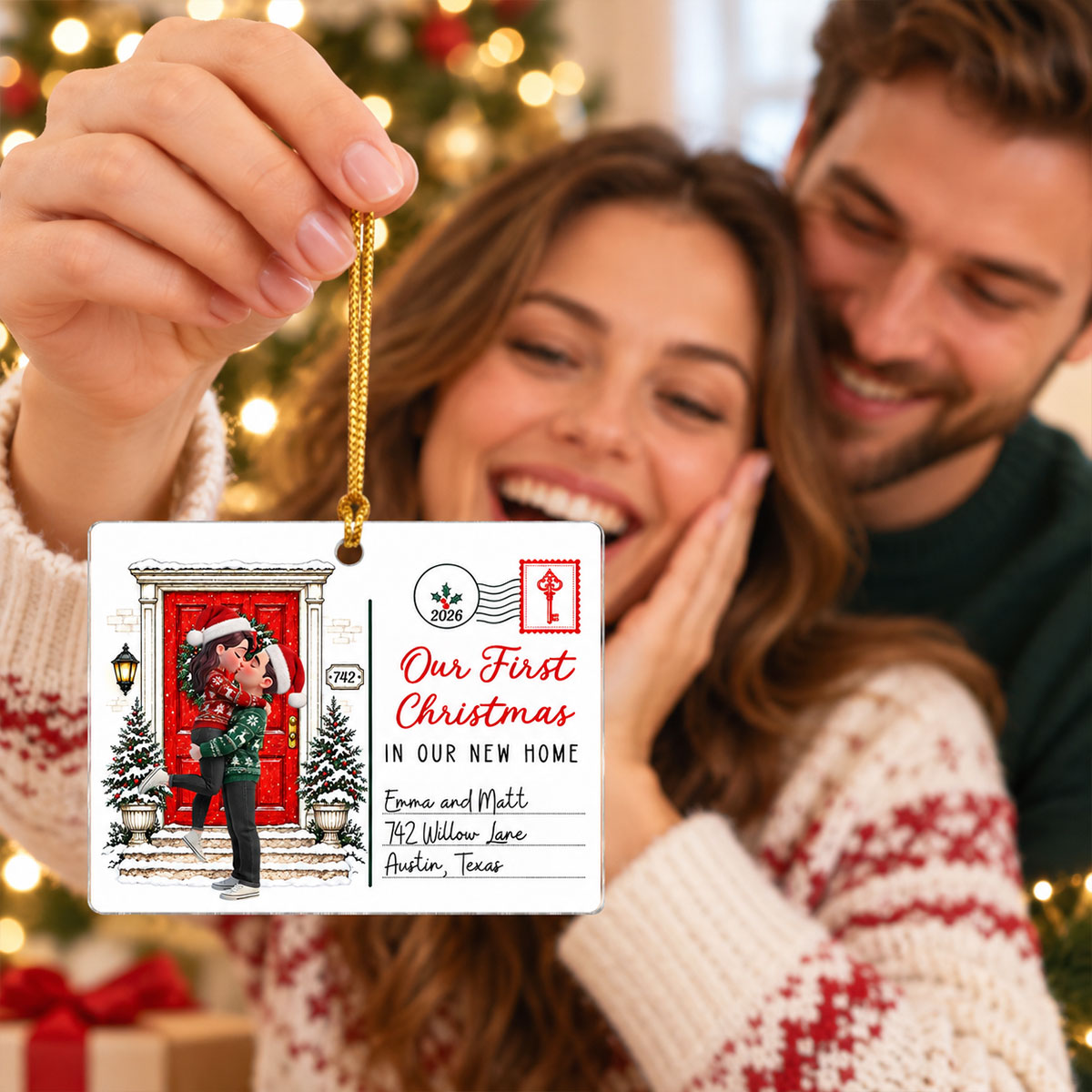 Our First Christmas In Our New Home Custom Couple & Address - Personalized Acrylic Ornament - Christmas Gift For Couples, Husband, Wife, New Homeowners