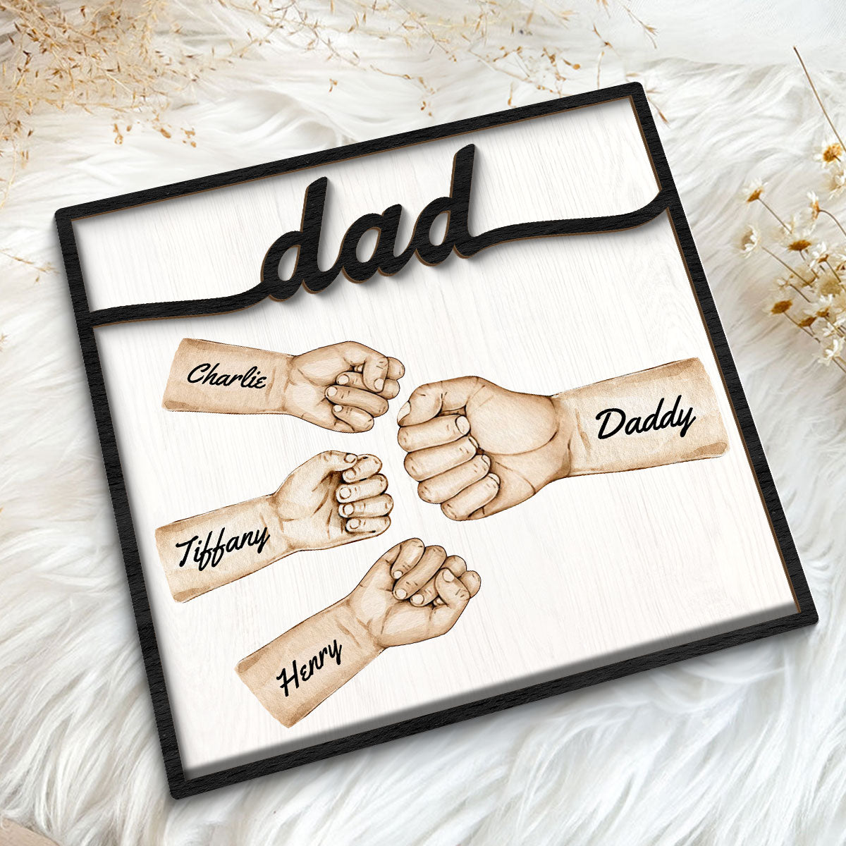 Dad Fist Bump With Kids Names Personalized 2-Layer Wooden Plaque