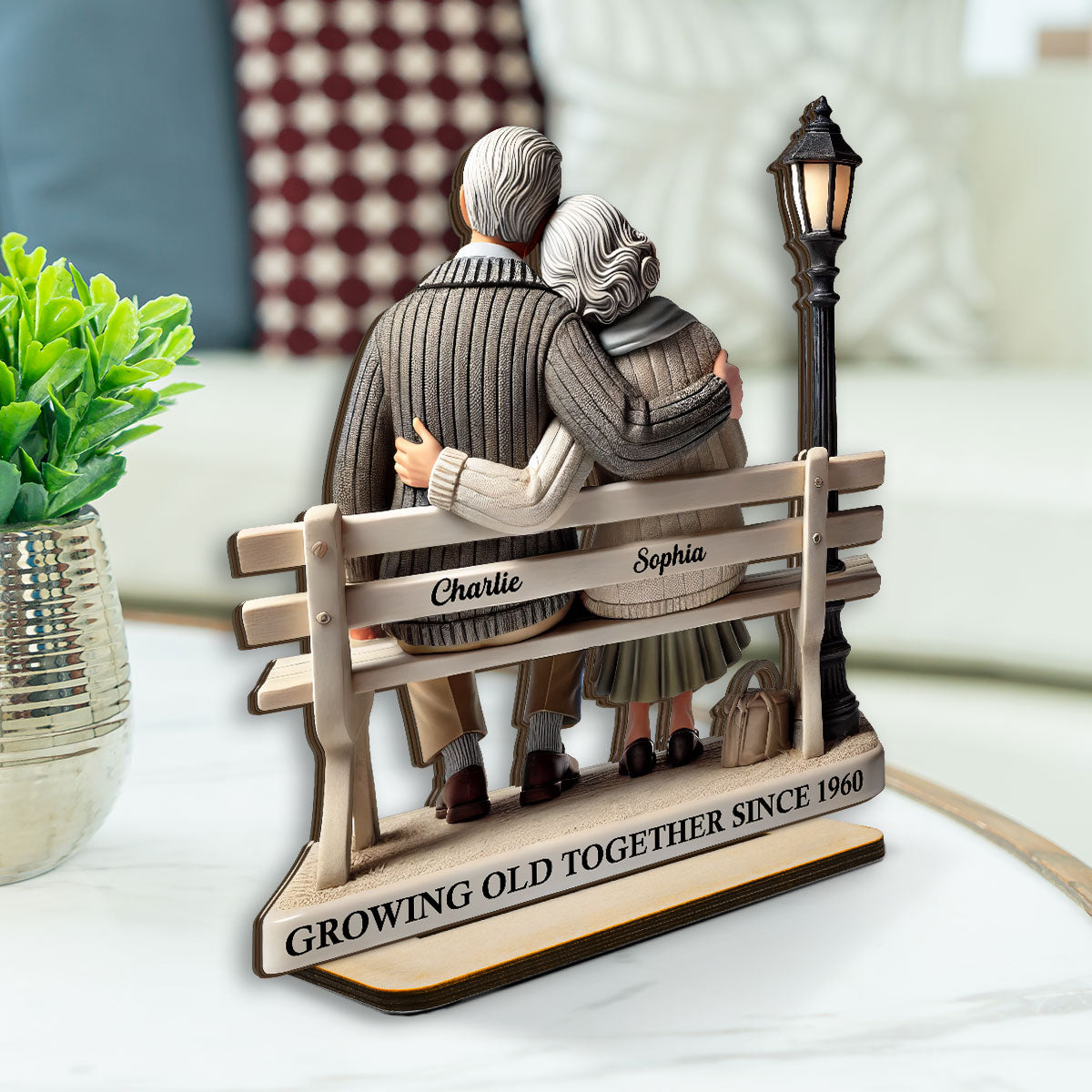 3D Effect Old Couple Sitting On Bench At The Park Personalized Standing Wooden Plaque, Heartfelt Gift For Couple, For Him, For Her, Husband, Wife