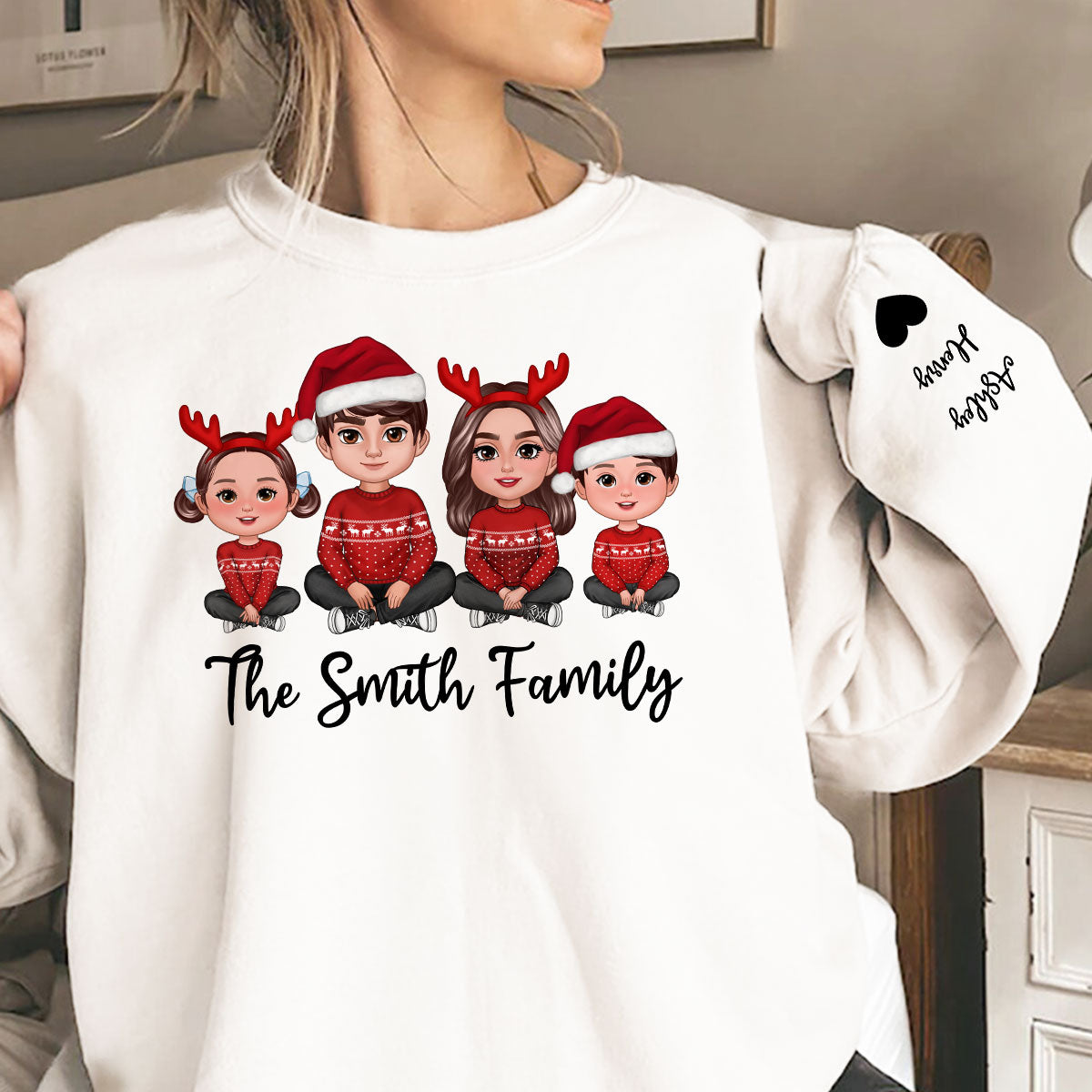 Doll Family Sitting Christmas Personalized Sleeve Printed Sweatshirt