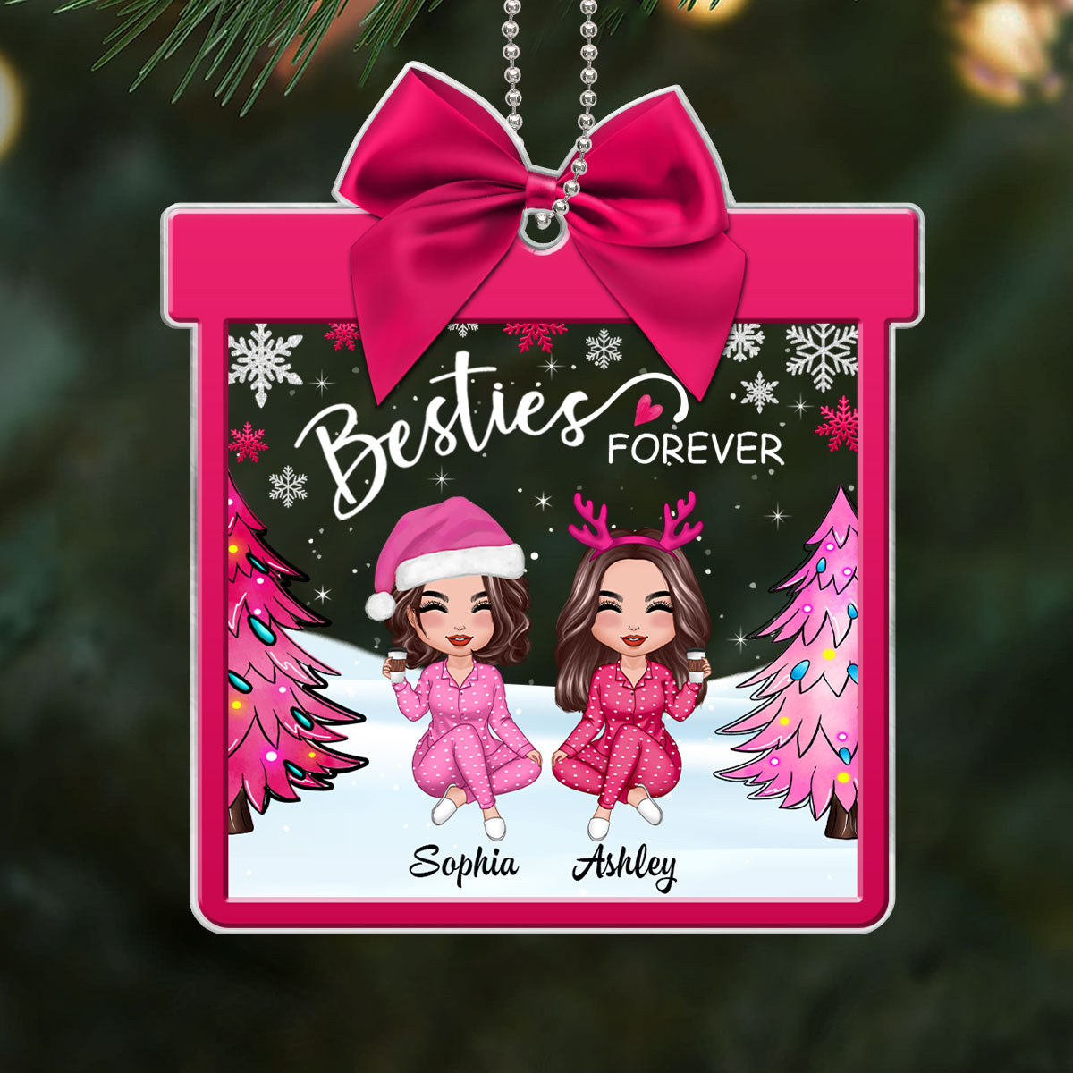 Pink Besties Coquette Personalized Acrylic Ornament, Gift For Best Friends