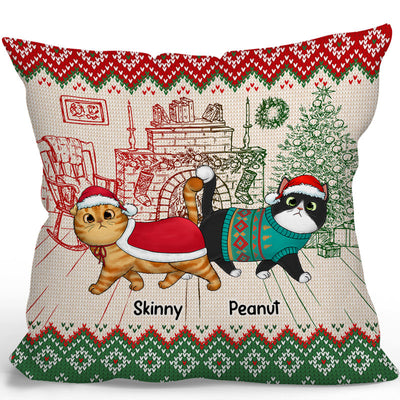 Ugly Sweater Pattern Walking Fluffy Cats Christmas Personalized Pillow (Insert Included)
