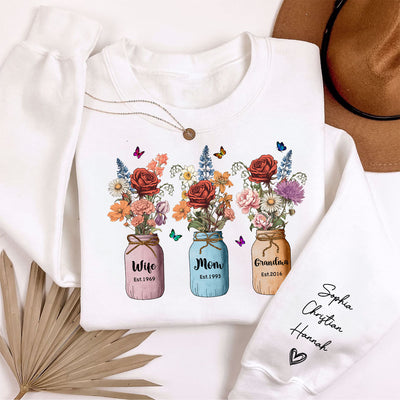 Wife Mom Grandma Vintage Birth Month Flowers Personalized Sleeve Printed Sweatshirt