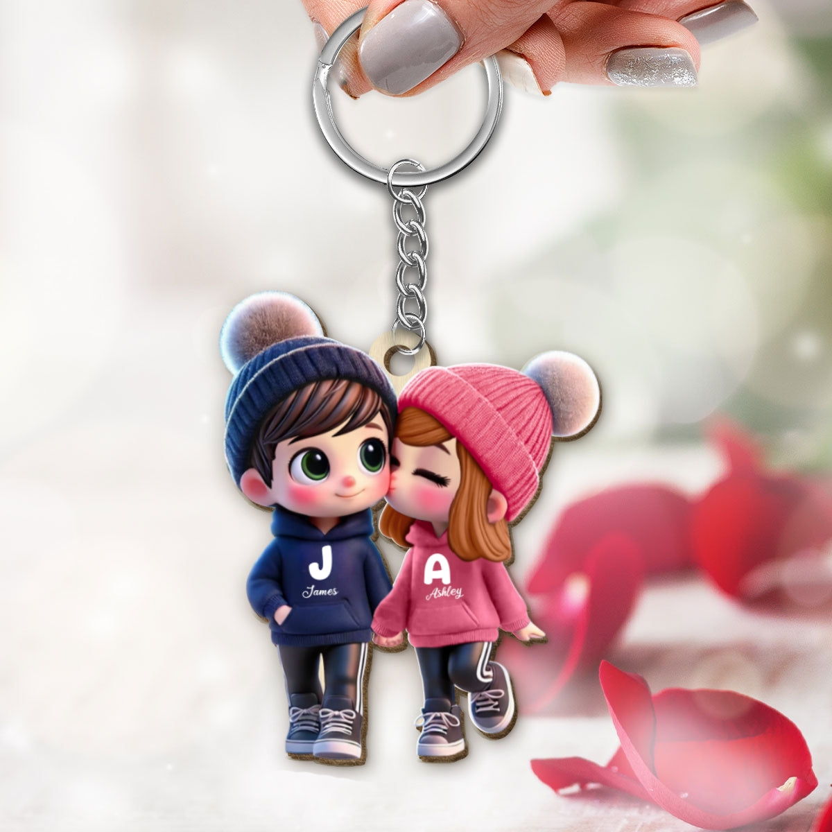 3D Effect Cute Cartoon Couple Walking Personalized Wooden Keychain,  Gift for Him, Gift for Her