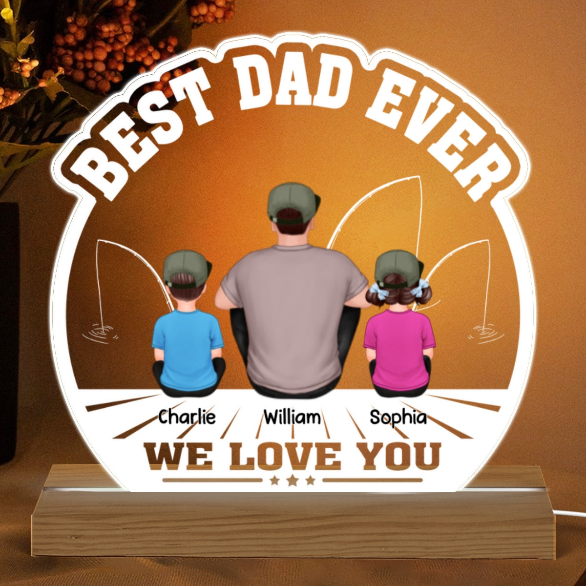 Best Fishing Dad Ever Back View Man And Kids Sitting Personalized Personalized Custom Shape Acrylic Plaque Warm LED Night Light