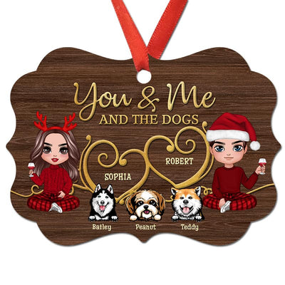 Couple And Dogs Wooden Heart Personalized Christmas Ornament