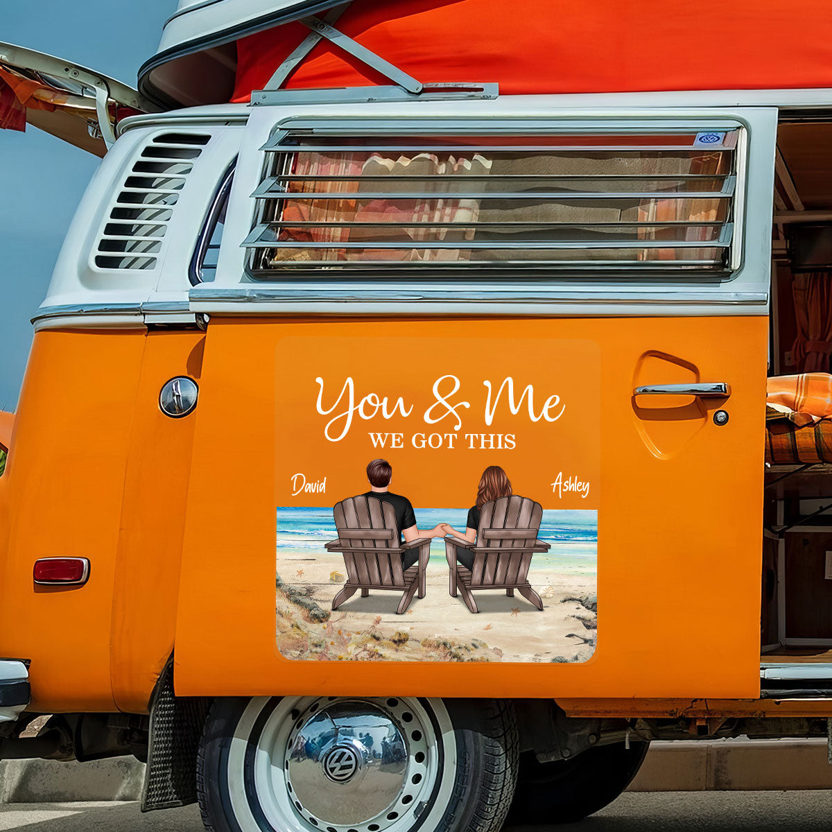 Back View Couple Sitting Beach Landscape Personalized Decal