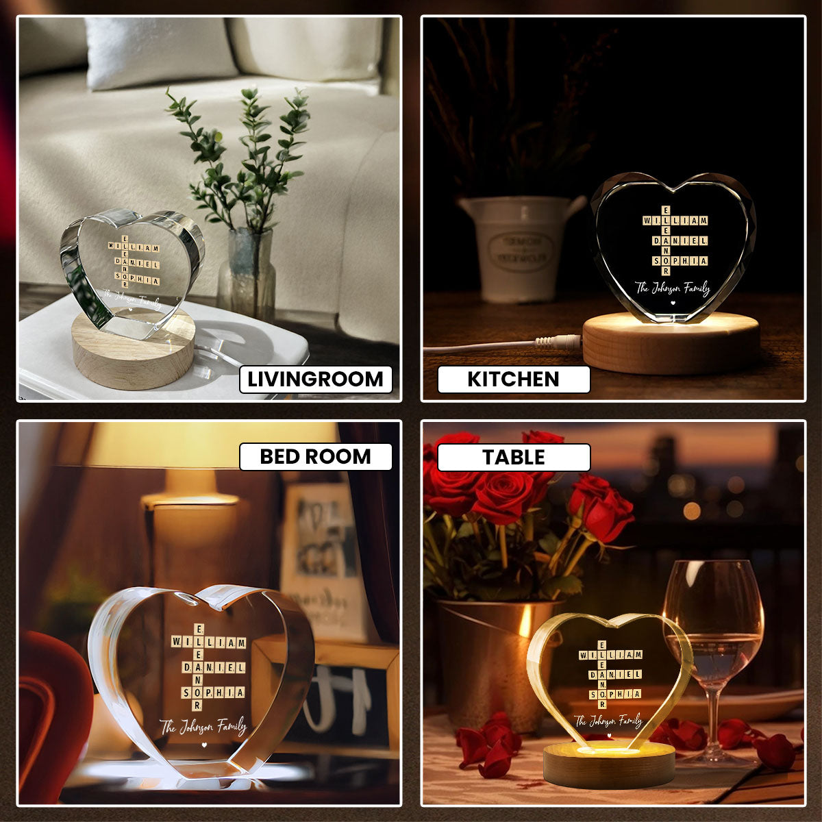 Family Names Crossword Art - Created In A Moment, Treasured Forever Personalized Heart Crystal LED