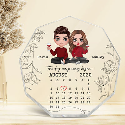 Doll Couple Sitting The Day Journey Began Personalized Acrylic Nonagon Plaque - Calendar Anniversary Gift For Couple - Gift For Him Gift For Her