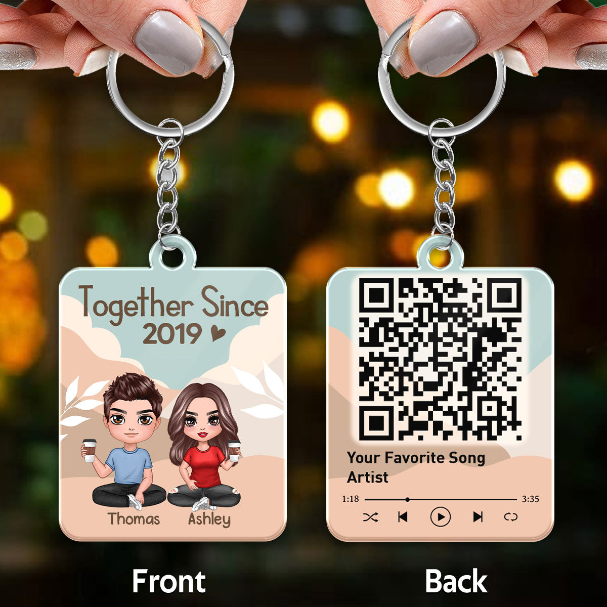 Doll Couple Sitting Abstract Boho Favorite Song QR Code Personalized Acrylic Keychain
