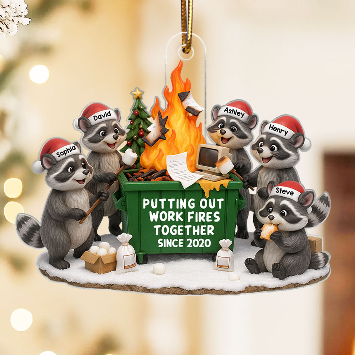 Funny Raccoon Putting out Work Fire Together Dumpster Fire - Personalized Acrylic Ornament - Funny Holiday Gift for Coworkers