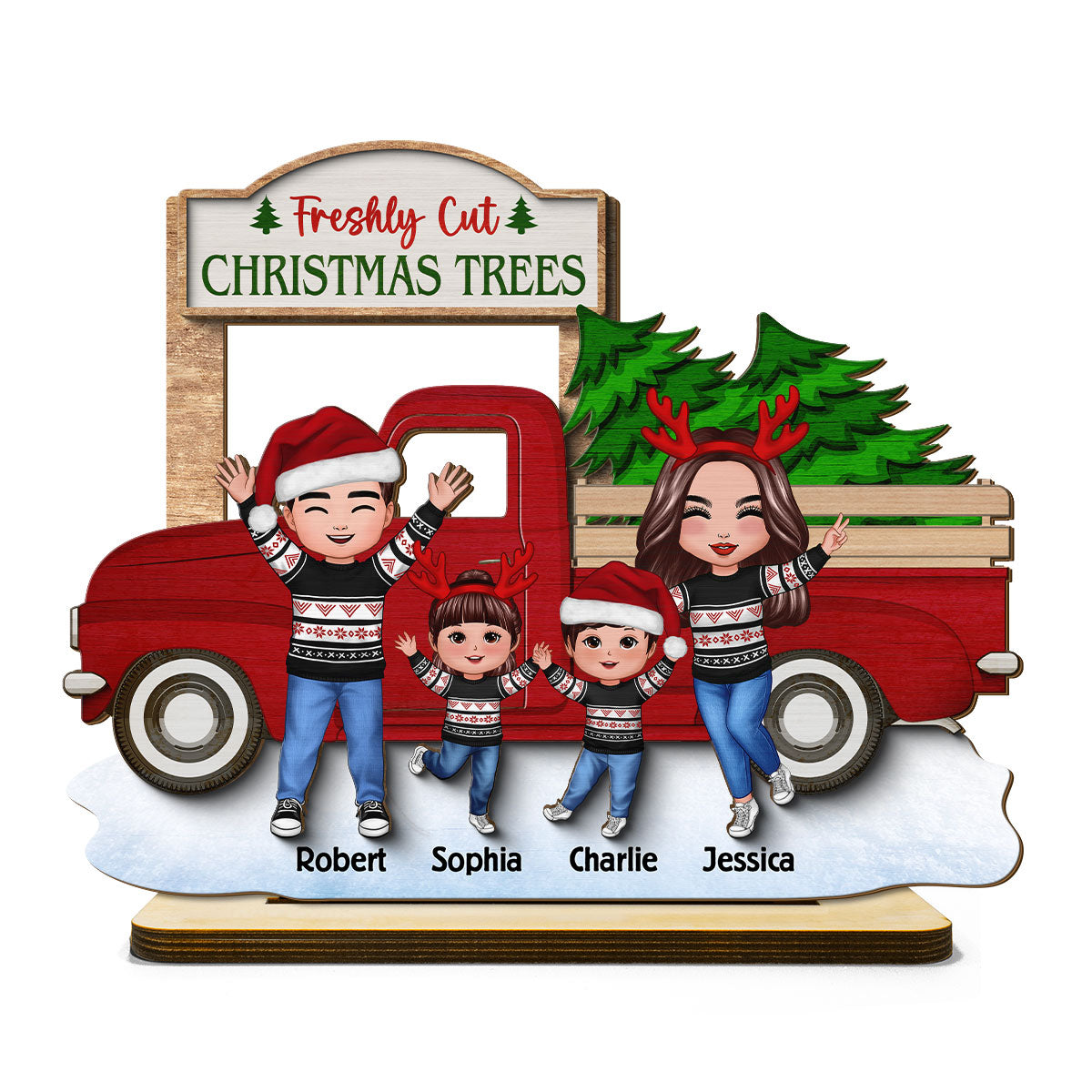Happy Family With Christmas Truck Personalized 2-Layer Standing Wooden Plaque, Christmas Decoration, Tiered Tray Decor