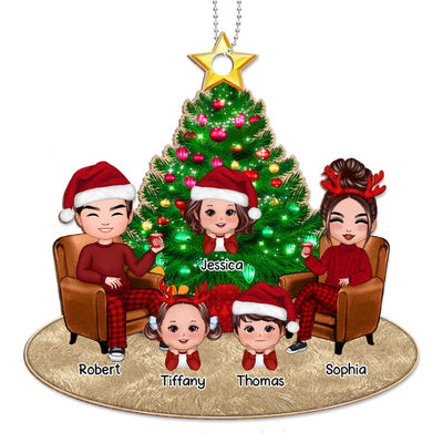 Doll Family Around Christmas Tree Personalized Wooden Ornament