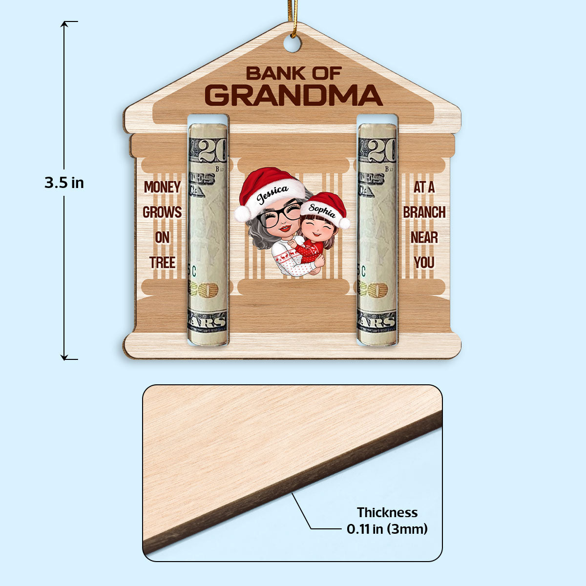Bank Of Grandma Personalized Wooden Ornament, Christmas Money Holder For Kids