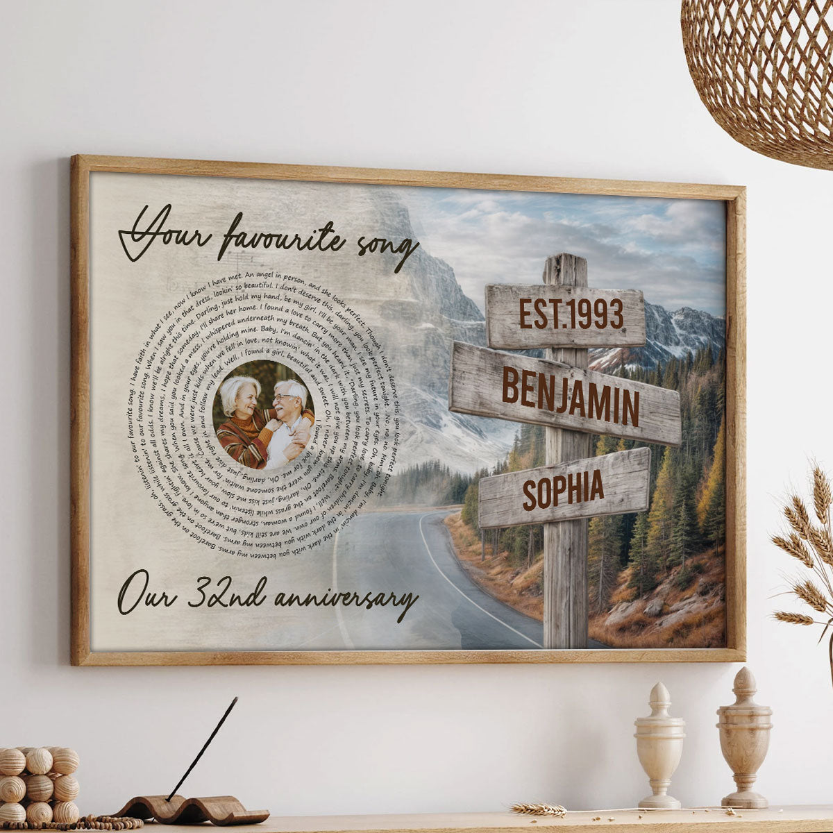 Vintage Signpost Mountain Landscape Song Lyrics Art Personalized Poster, Anniversary Valentine's Gift For Her, For Him