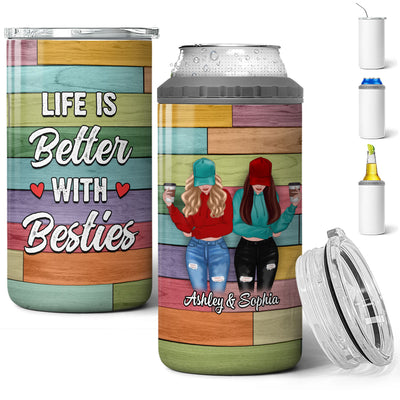 Front View Besties Wooden Palette Personalized 4 In 1 Can Cooler Multipurpose Tumbler