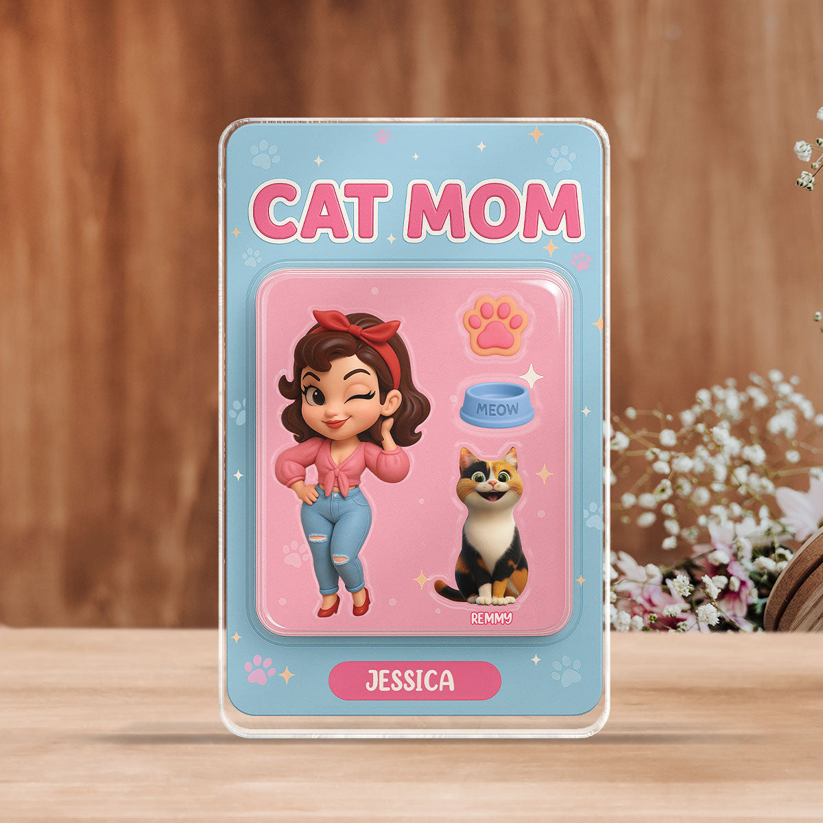 Cat Mom Custom Figure Cute Cartoon Cats Personalized Acrylic Block Plaque, Gift for Cat Mom