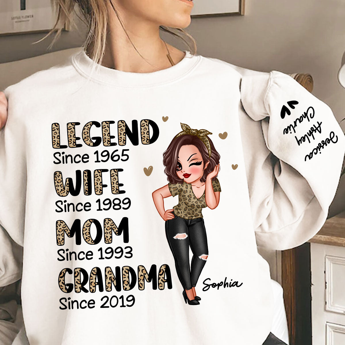 Half Leopard Sassy Legend Wife Mom Grandma Personalized Sleeve Printed Sweatshirt
