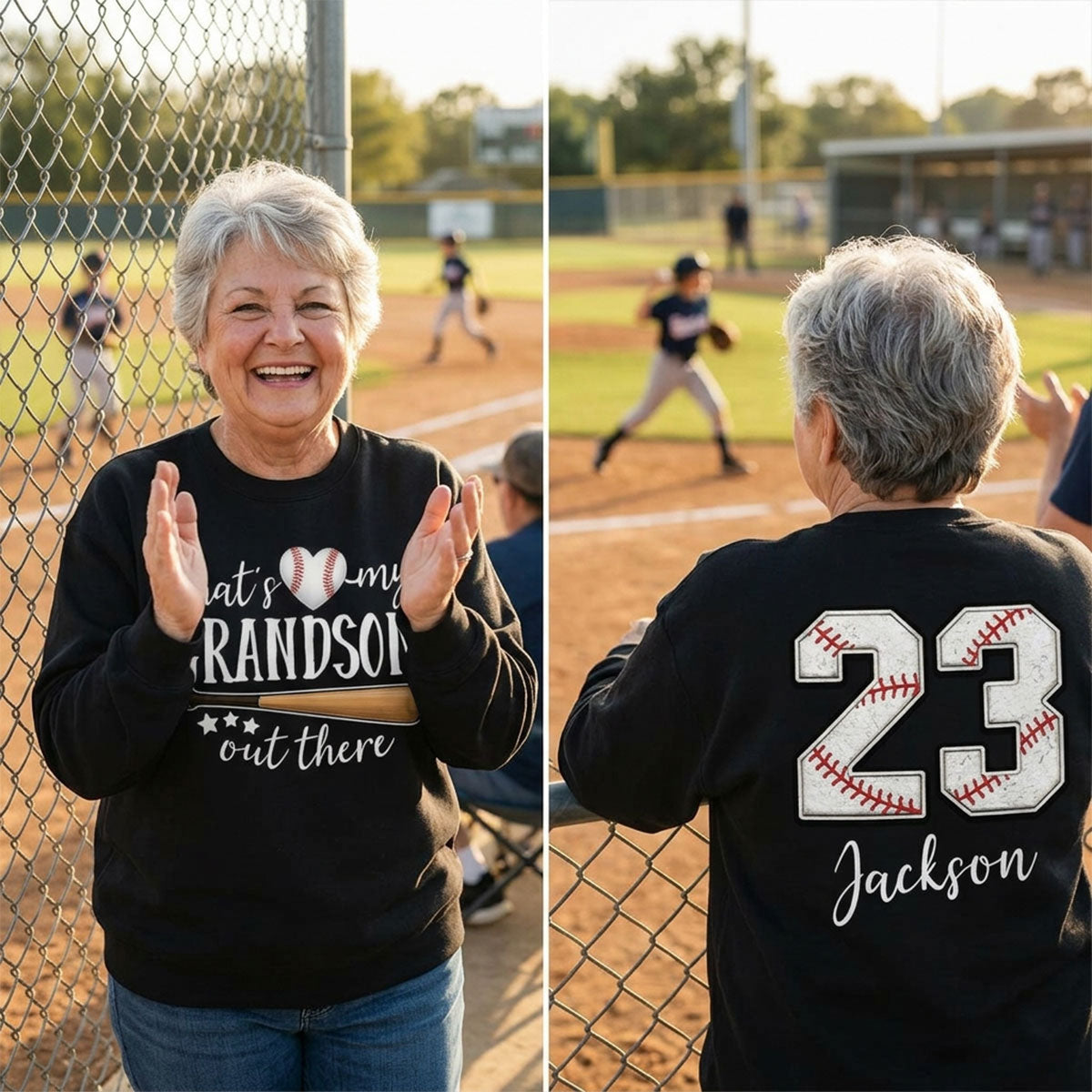 That's My Grandson Out There - Personalized Double Sided Sweatshirt - Baseball Softball Grandma Mom