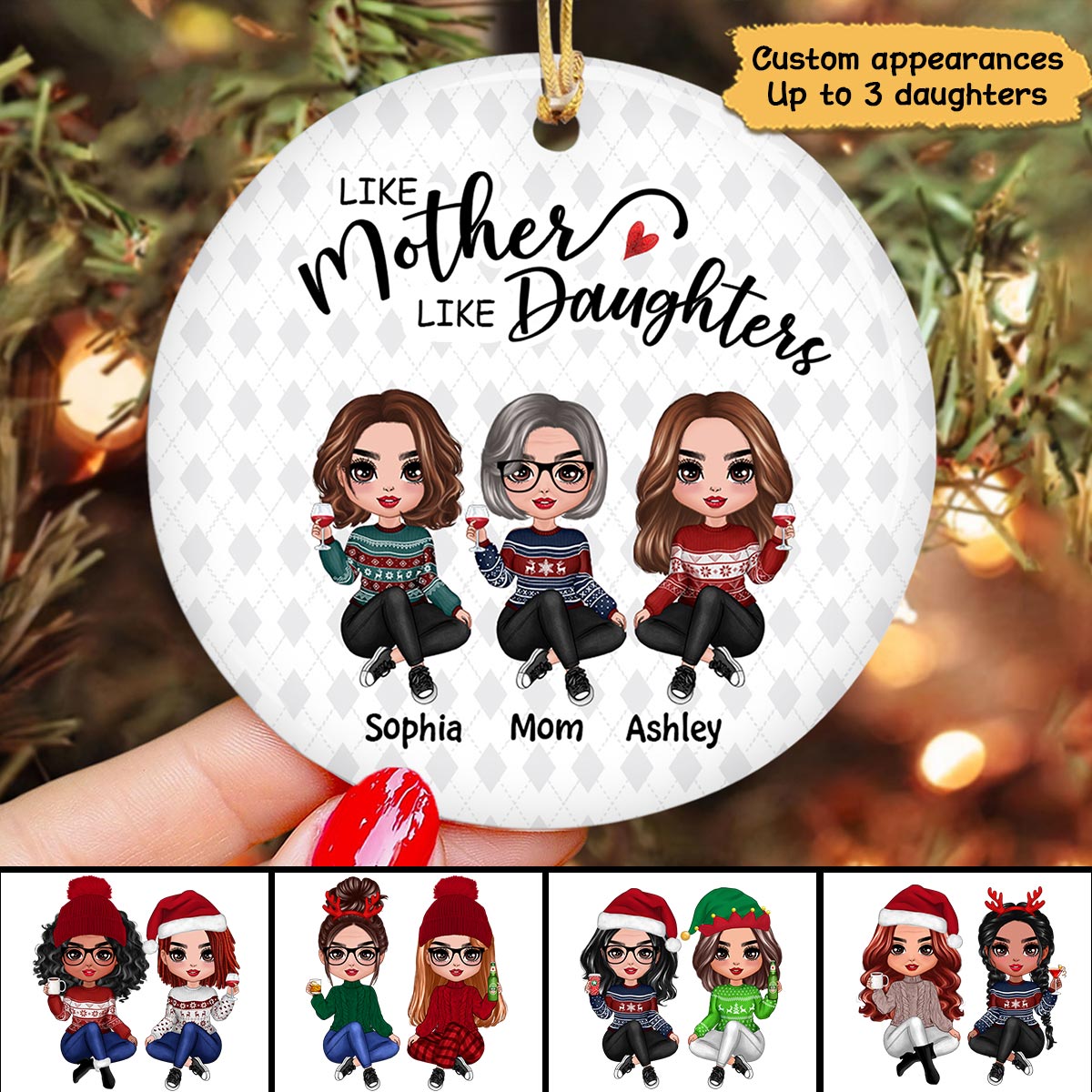 Doll Women Like Mother Like Daughters Rhombus Sweater Pattern Personalized Circle Ornament