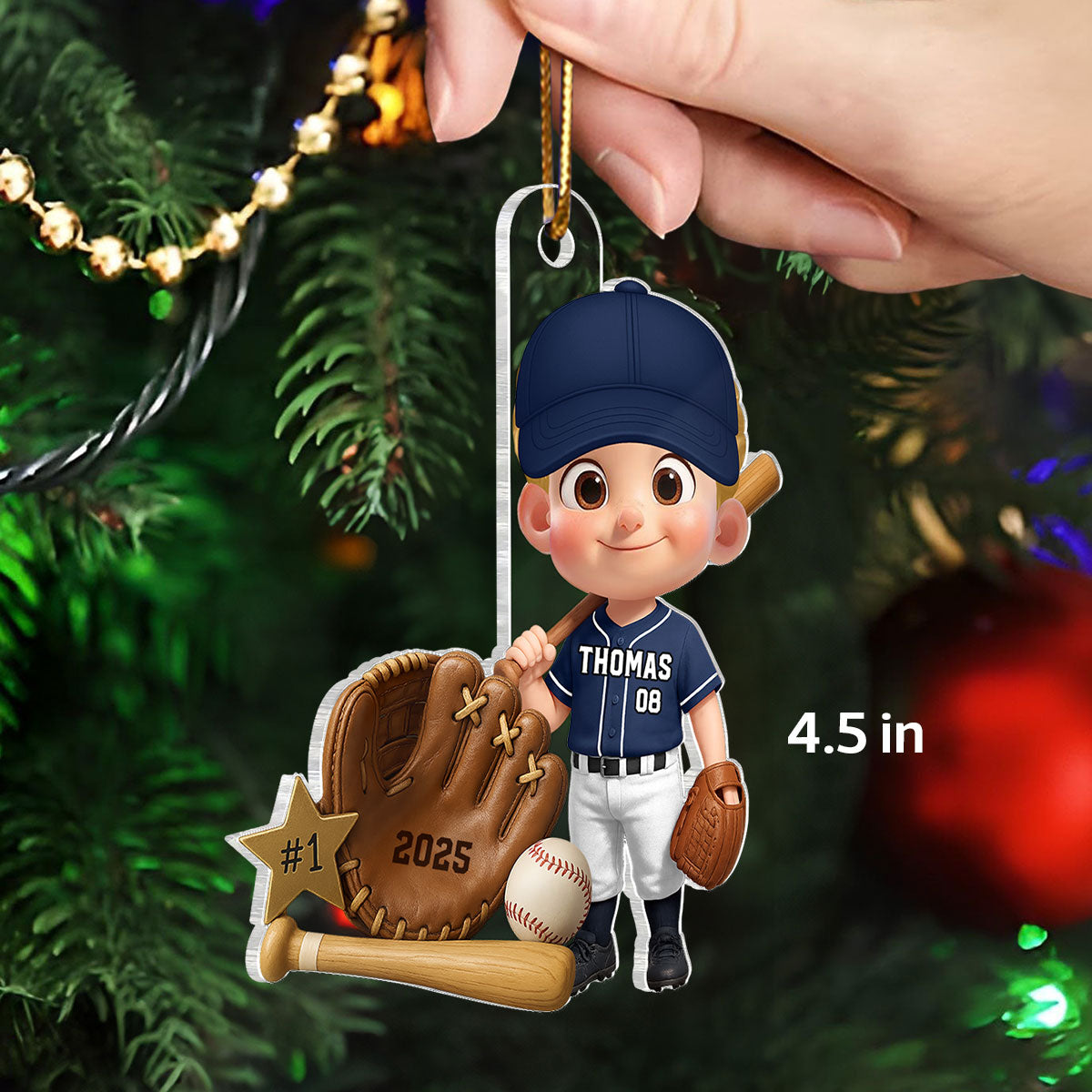 Baseball Player With Baseball Mitt Bat Ball - Personalized Acrylic Ornament - Gift For Kids, Grandkids