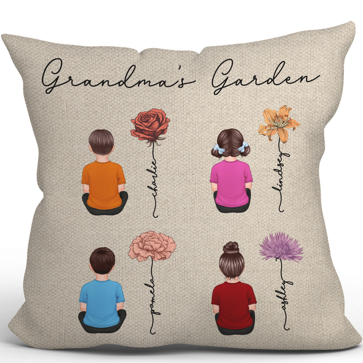 Grandkids Sitting Grandma Garden Vintage Birth Month Flowers Personalized Pillow