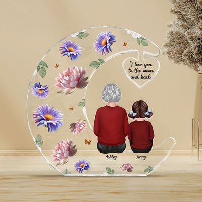 Grandma I Love You to the Moon and Back, Birth Month Flowers Personalized Acrylic Plaque