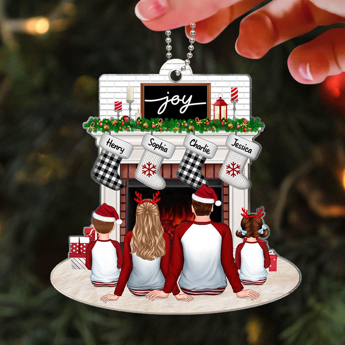Pajamas Family Dad Mom Kids Dogs Cats Sitting At Christmas Fireplace Personalized Acrylic Ornament