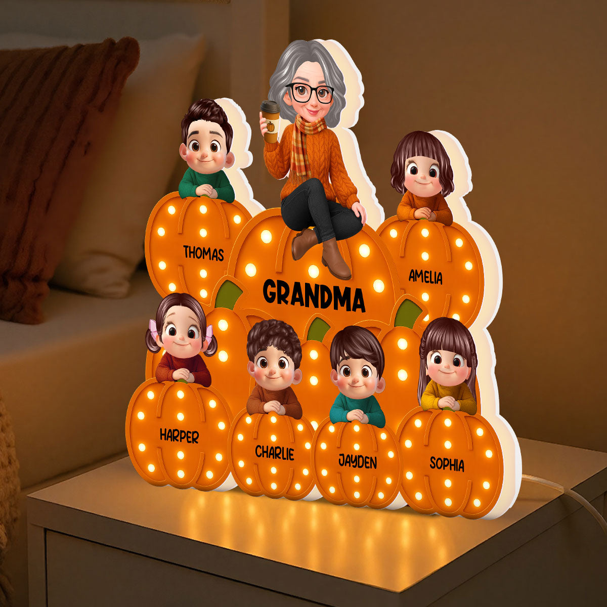 Fall Season Grandma Grandkids On Marquee Pattern Texture Pumpkins Personalized LED Light Box