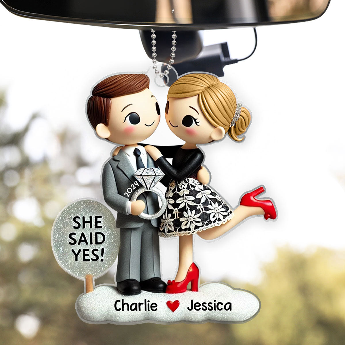 Couple Engagement Ornament She Said Yes, Personalized 2D Flat Acrylic Car Hanger Ornament,  Gift for him, Gift for her