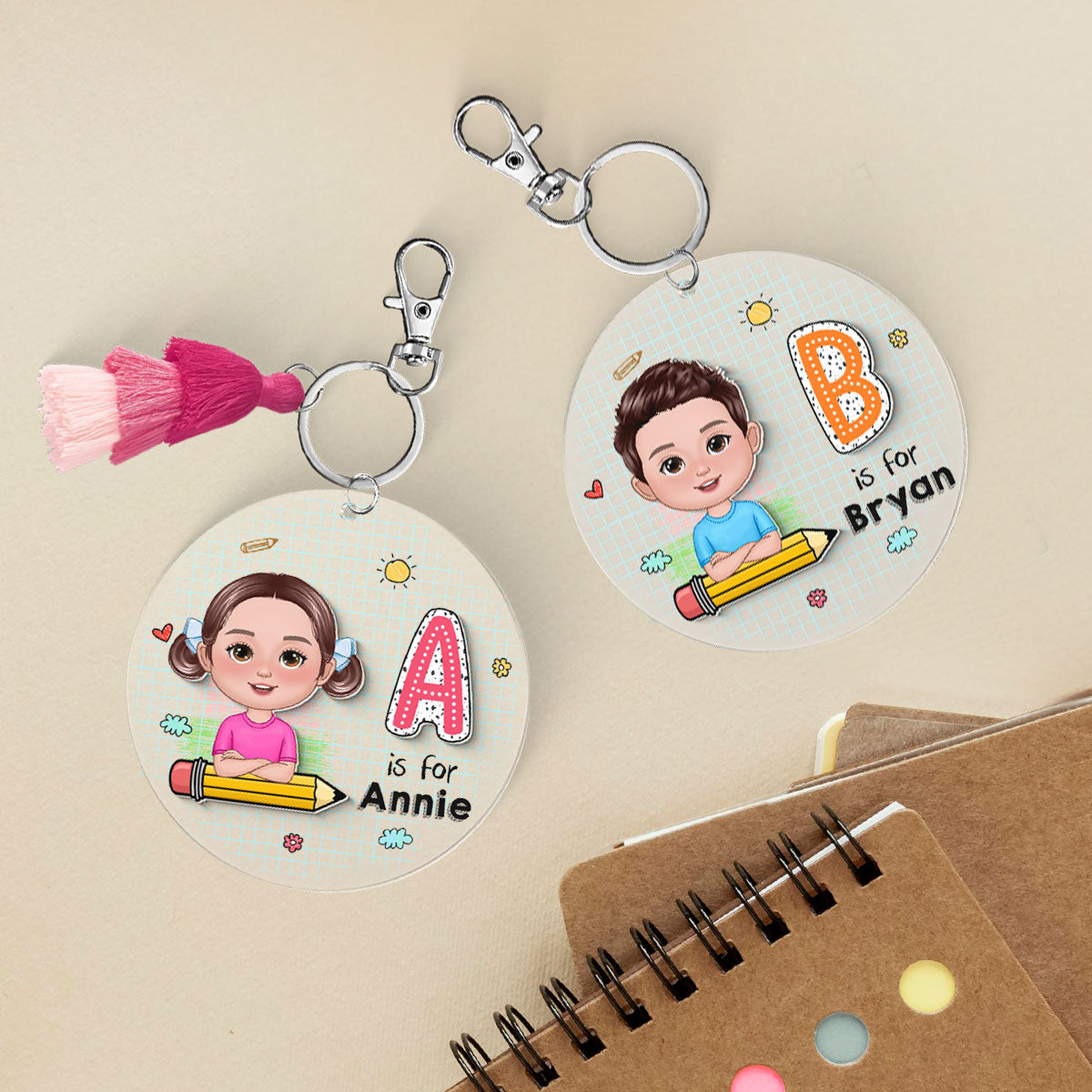 Cute Kid Initial Name Personalized 2-Layer Acrylic Keychain